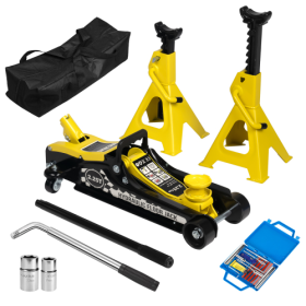 Lifting Range 3.35-14.17,2.25Ton Hydraulic Floor Jack,3 Ton Jack Stands,Tire Repair Kit,Yellow,Low Profile Service Jack,4960 LB Capacity,Double Lockin
