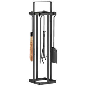 Outsunny Fireplace Tools Set Indoor Outdoor 5 Piece Heavy Duty Metal Fireplace Accessories Set With Brush Broom, Poker, Shovel, Tongs And Stand For Ch
