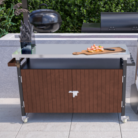 Outdoor Grill Cart With Stainless Steel Tabletop, Storage, Patio Kitchen Island With Wheels, Hooks, And Spice Rack, Waterproof Outdoor Grill Table, Mo (Color: Brown)