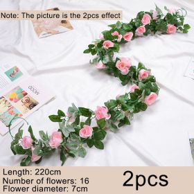 2pcs Fake Rose Vine Flowers Garland Plant Artificial Flower Wall Hanging Flower Rattan Fake Plant Leaf Wedding Home Garden Decor (Ships From: CN, Color: Pink)