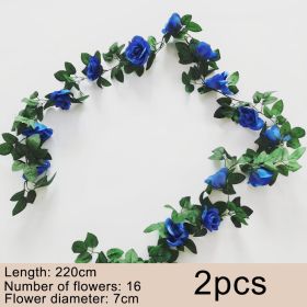 2pcs Fake Rose Vine Flowers Garland Plant Artificial Flower Wall Hanging Flower Rattan Fake Plant Leaf Wedding Home Garden Decor (Ships From: CN, Color: Blue)