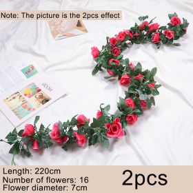 2pcs Fake Rose Vine Flowers Garland Plant Artificial Flower Wall Hanging Flower Rattan Fake Plant Leaf Wedding Home Garden Decor (Ships From: CN, Color: Rose red)