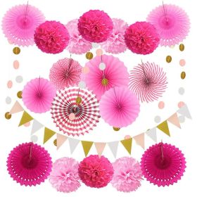 20Pcs Paper Fans Decor Hanging Paper Hanging Paper Fans Pompom Flower Garland Wedding Birthday Party Halloween Baby Shower Decor (Ships From: China, Color: Pink)