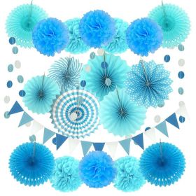 20Pcs Paper Fans Decor Hanging Paper Hanging Paper Fans Pompom Flower Garland Wedding Birthday Party Halloween Baby Shower Decor (Ships From: China, Color: Blue)
