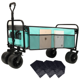 440lbs Collapsible Foldable Wagon Cart With Strapping System ,Beach Wagon Utility Cart Utility Wagon Grocery Cart For Camping Shopping Sports Gardenin (Color: Blue)